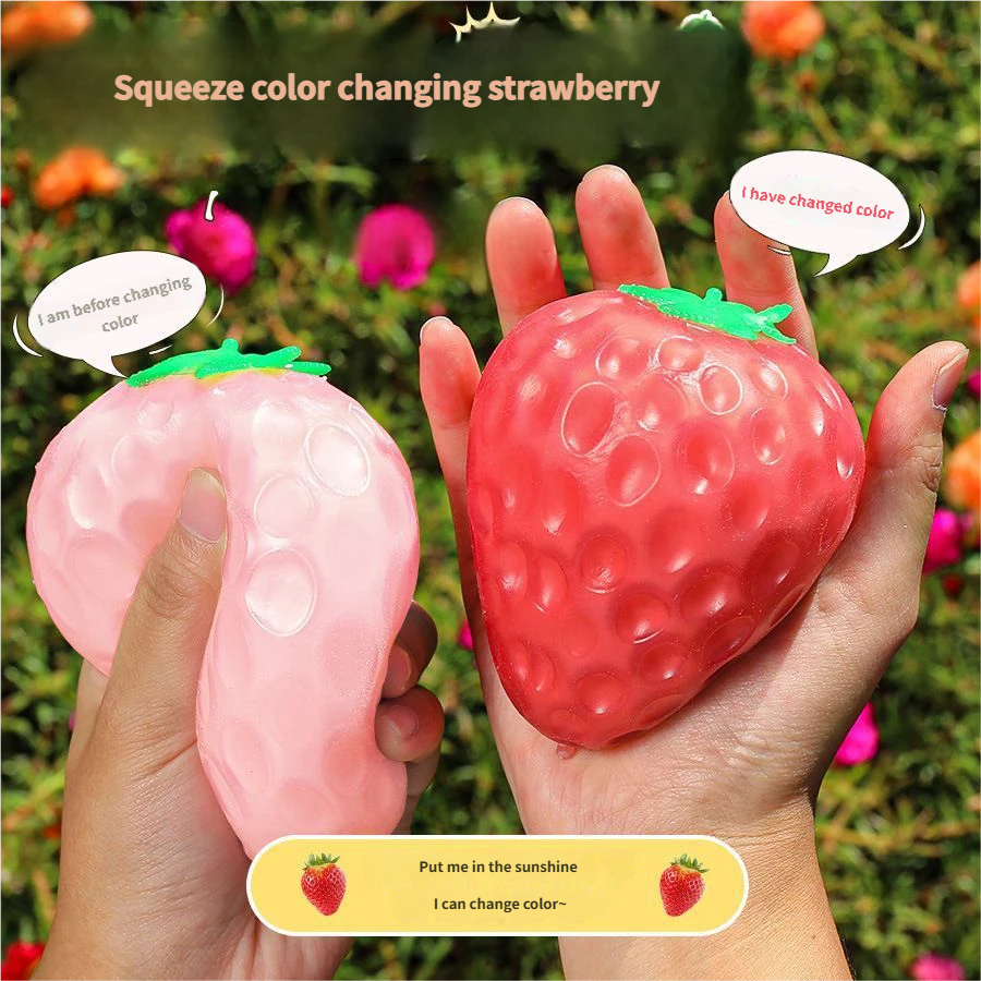 Color Changing Strawberry Squishy squeeze Toy, Light Sensitive Stress Relief Ball Simulated Fruit Fidget Toy for Gift