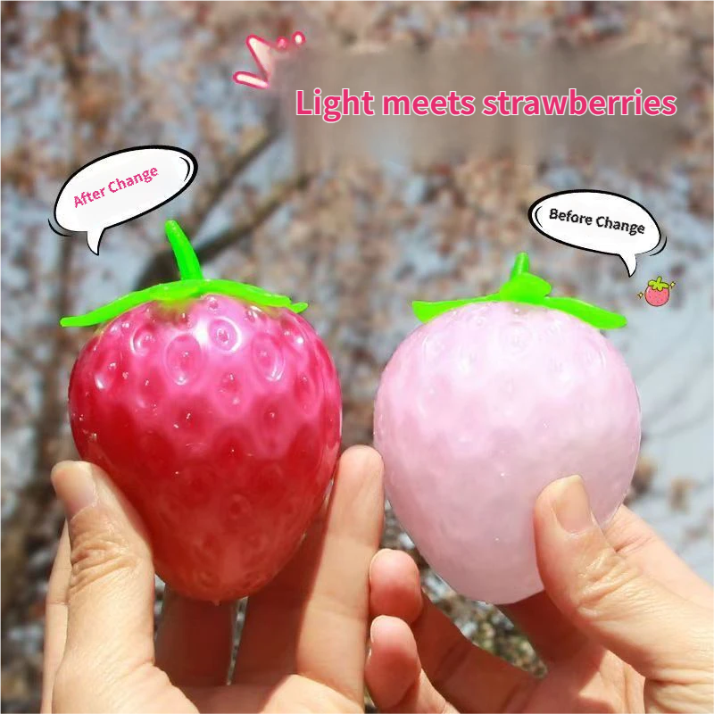 Color Changing Strawberry Squishy squeeze Toy, Light Sensitive Stress Relief Ball Simulated Fruit Fidget Toy for Gift